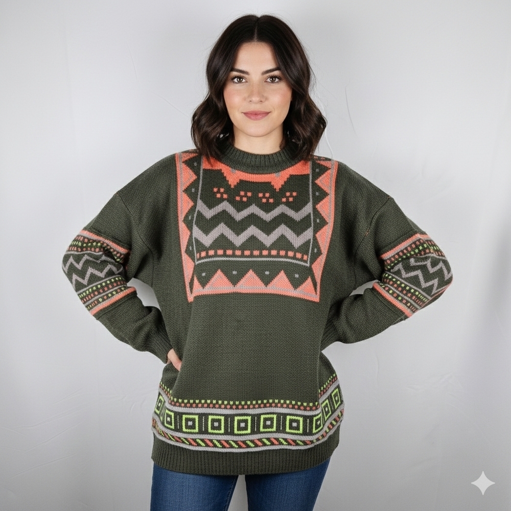Vintage Sun Valley Green & Neon Fair Isle‎ 80's Geometric Wool Sweater Large